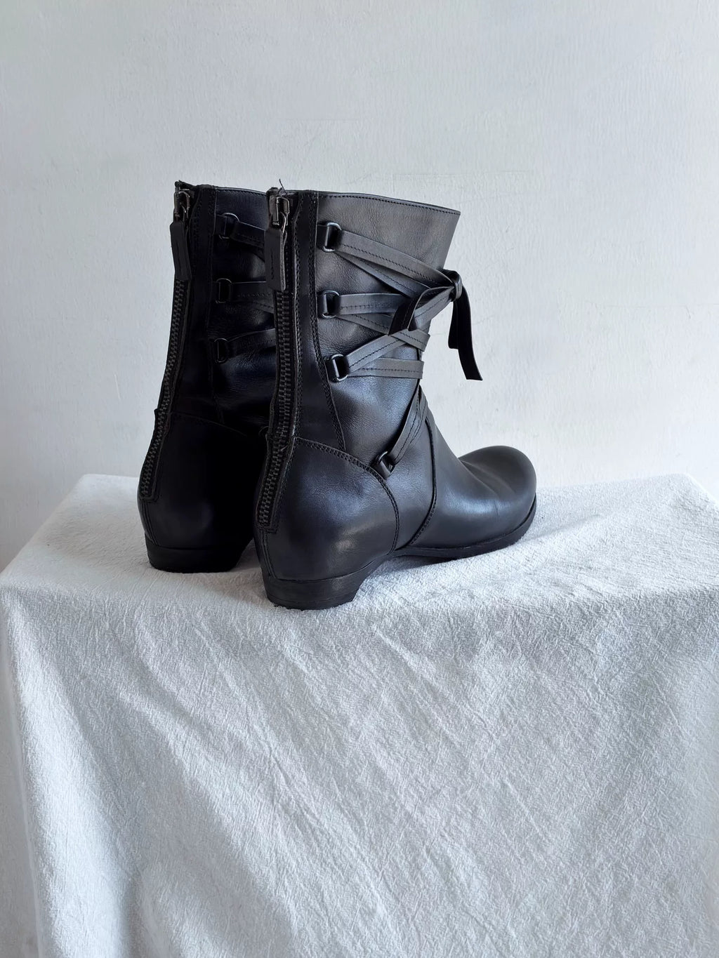 90s Yohji Yamamoto Strap Boots Y's Wrap-Strap Knight Mid-Calf Leather Boots