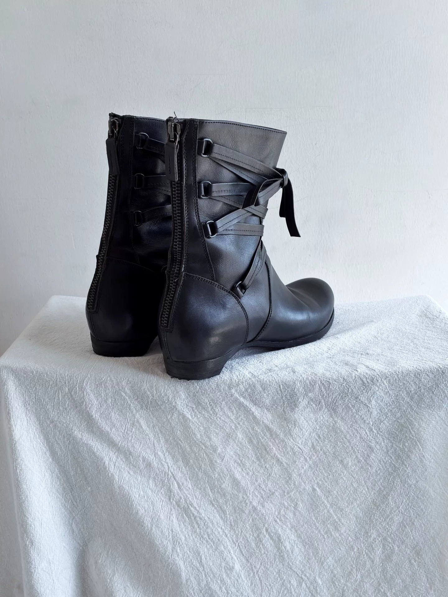 90s Yohji Yamamoto Strap Boots Y's Wrap-Strap Knight Mid-Calf Leather Boots