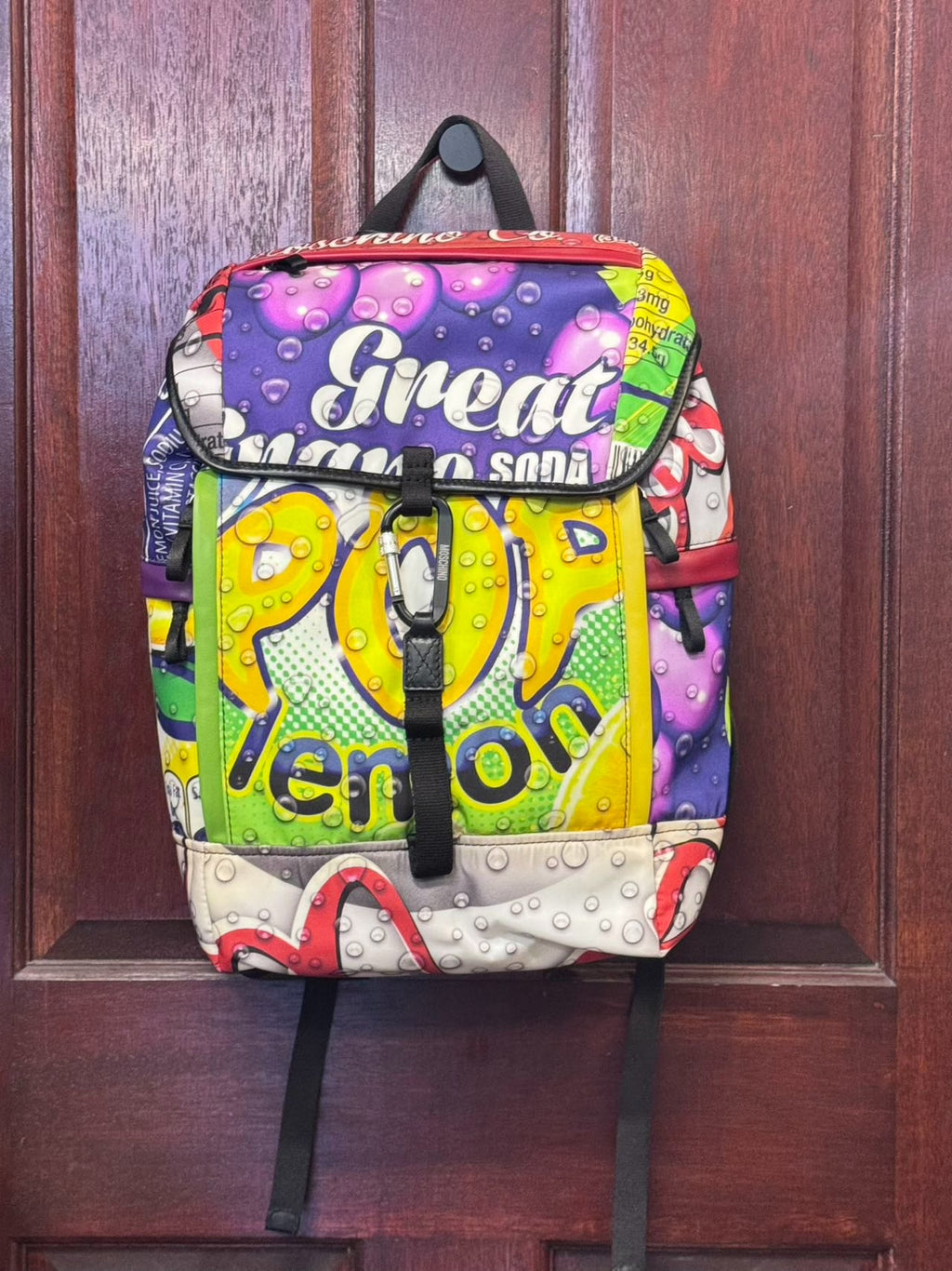 Moschino SS15 Soda Brand Print Black Leather Backpack