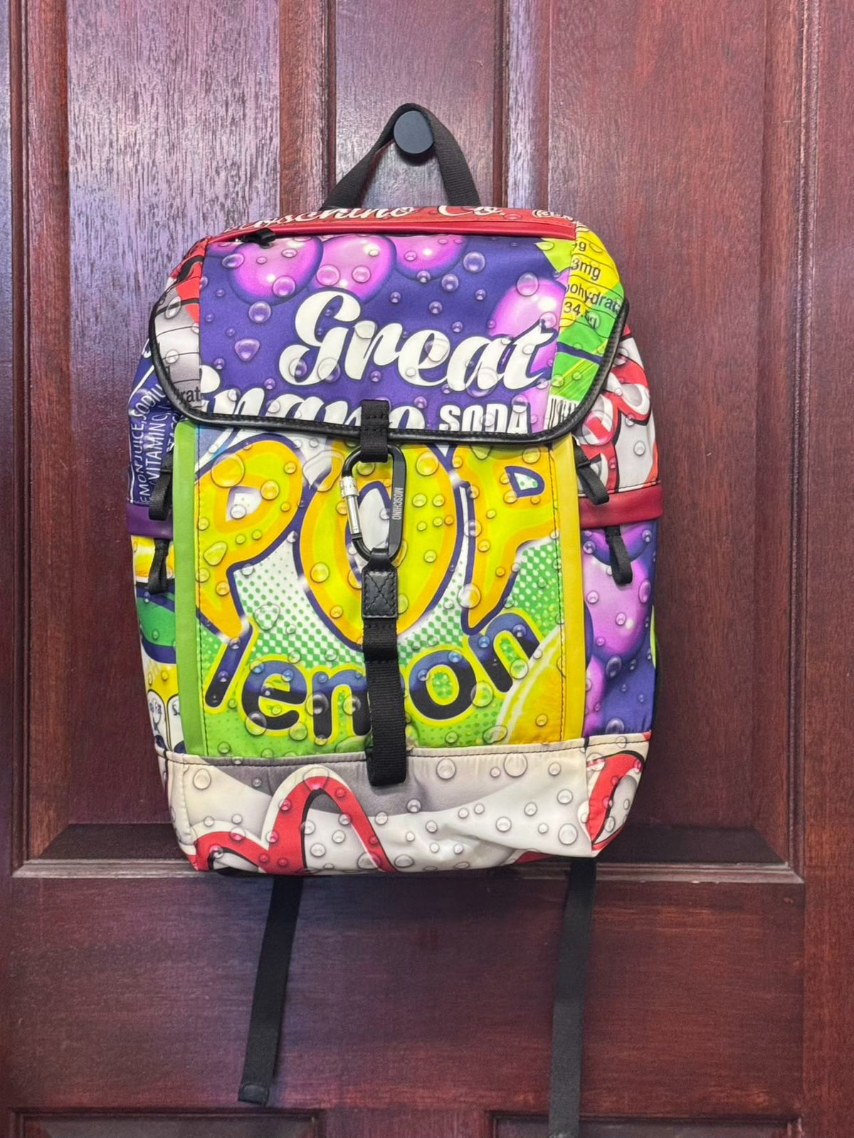 Moschino SS15 Soda Brand Print Black Leather Backpack