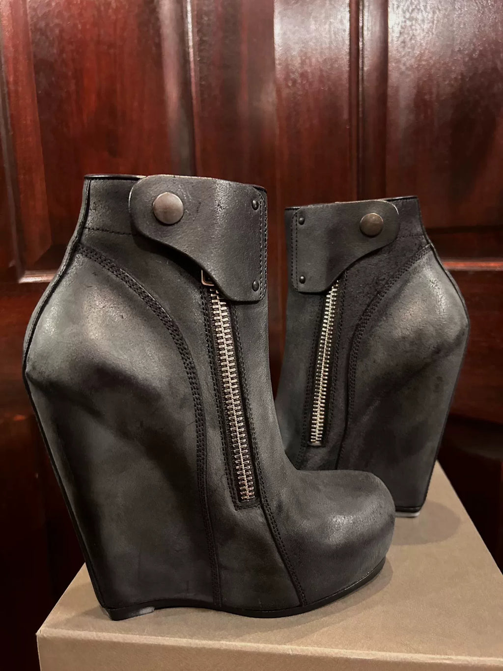Rick Owens Black Reverse Leather Wedge Boots