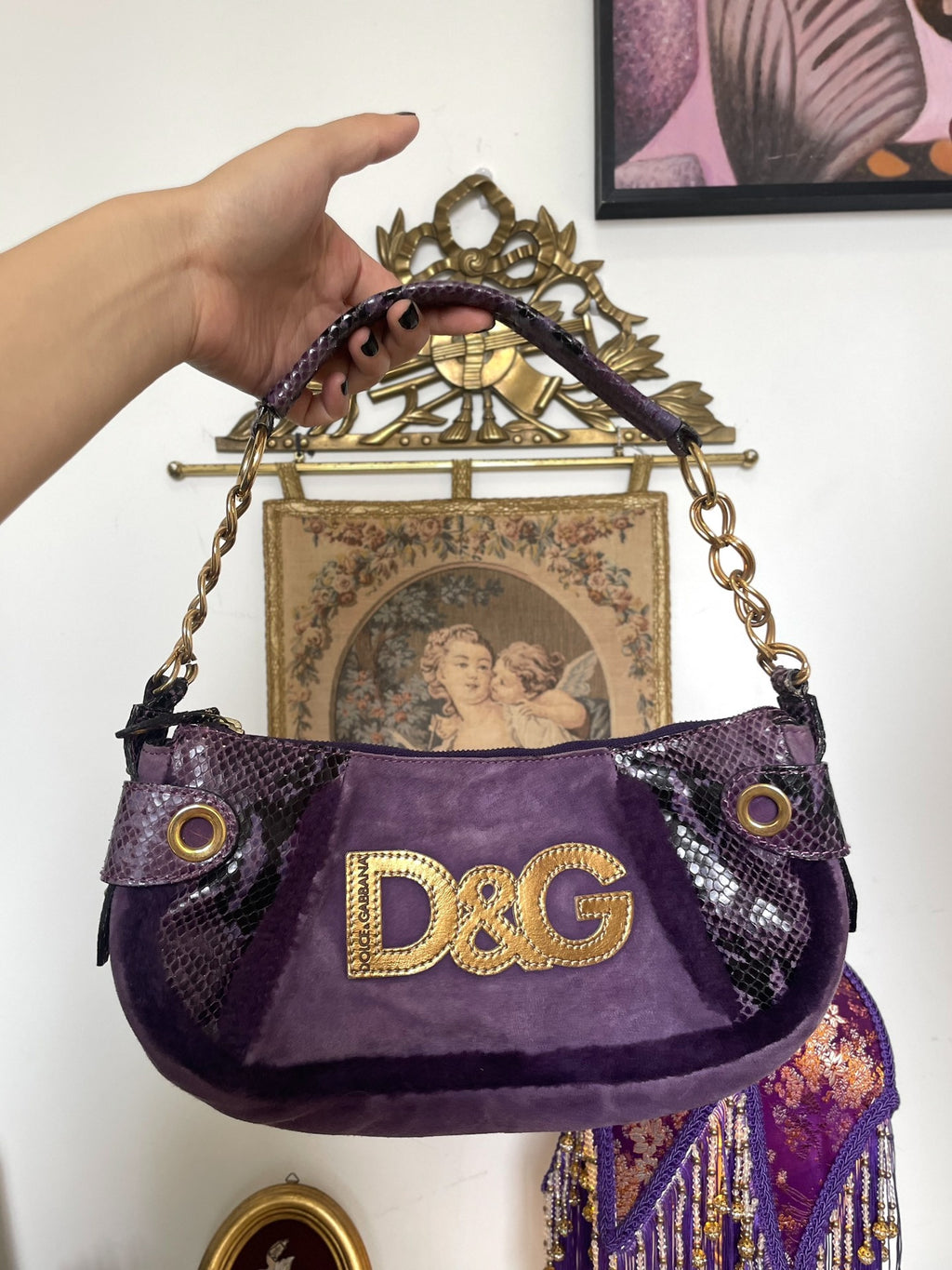 Dolce & Gabbana D&G Du Jia Ban Na purple snake pattern fuzzy patchwork secondhand bag