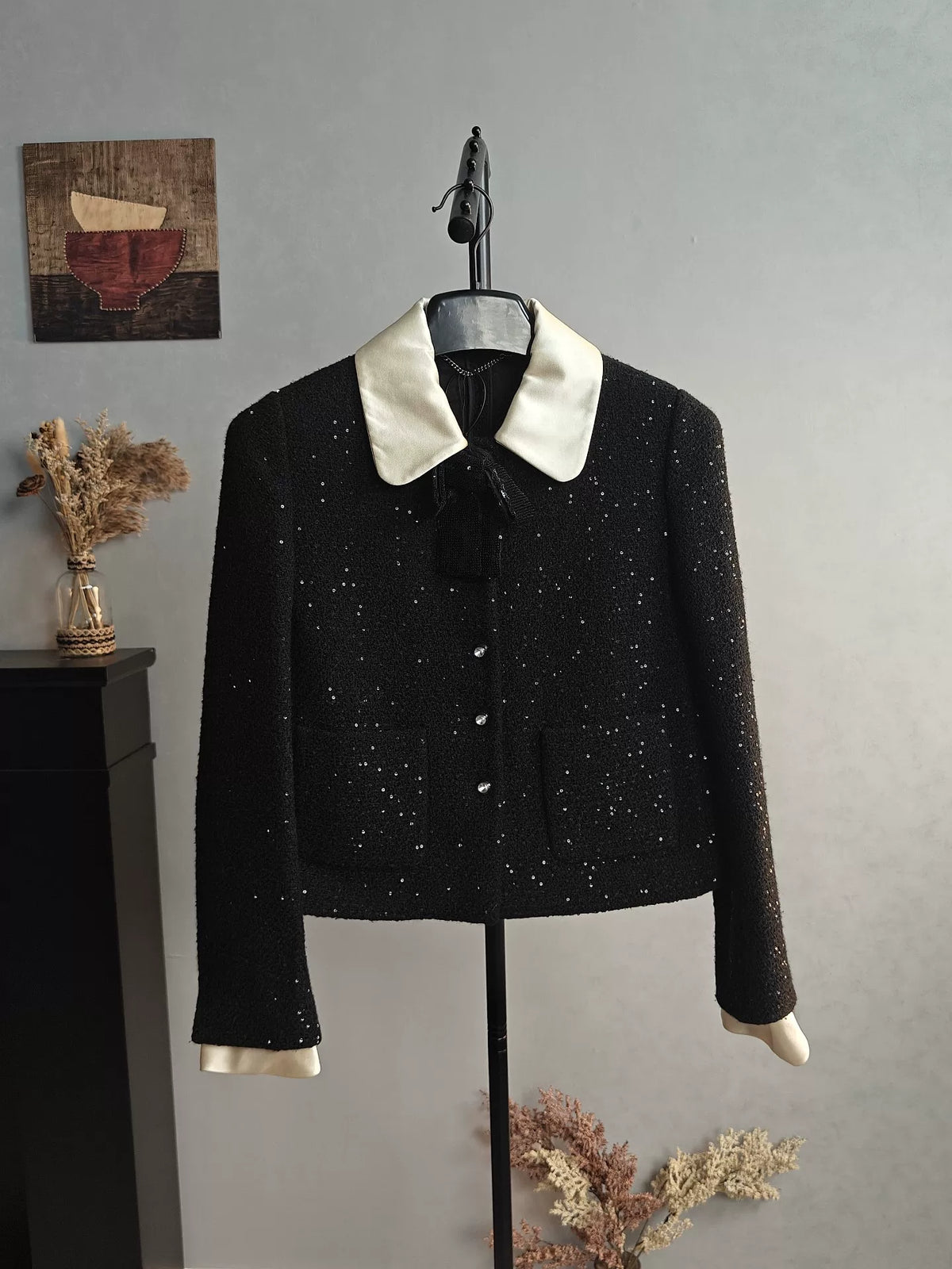 Miu Miu Black Sequin Coarse Tweed Jacket