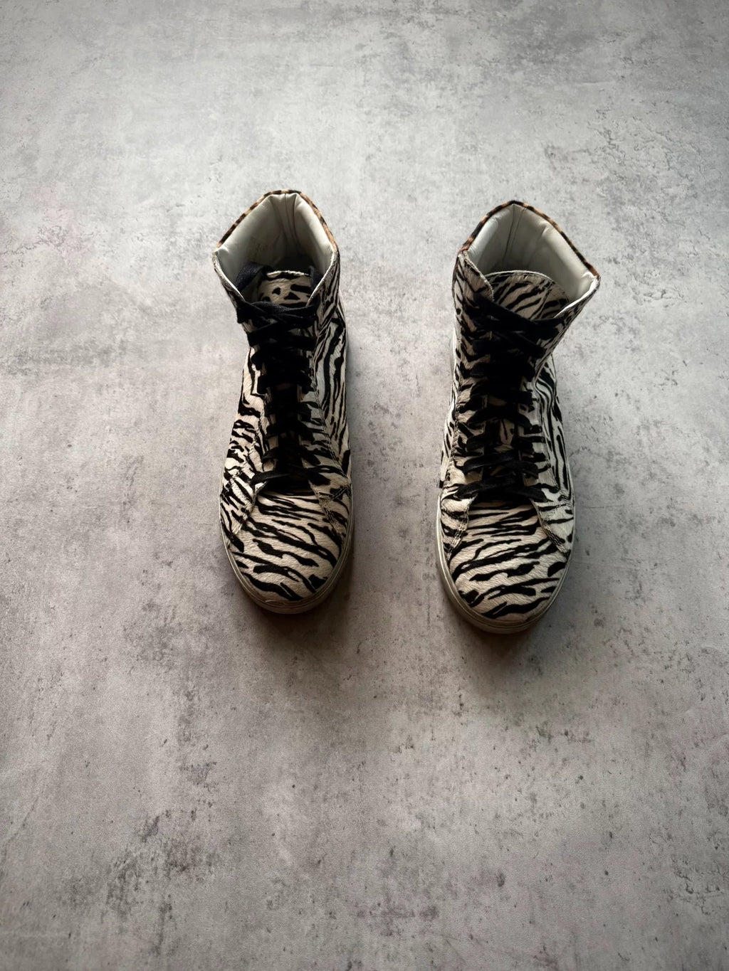 Saint Laurent Paris Black White Zebra Leopard Hair Suede High-Top Sneakers