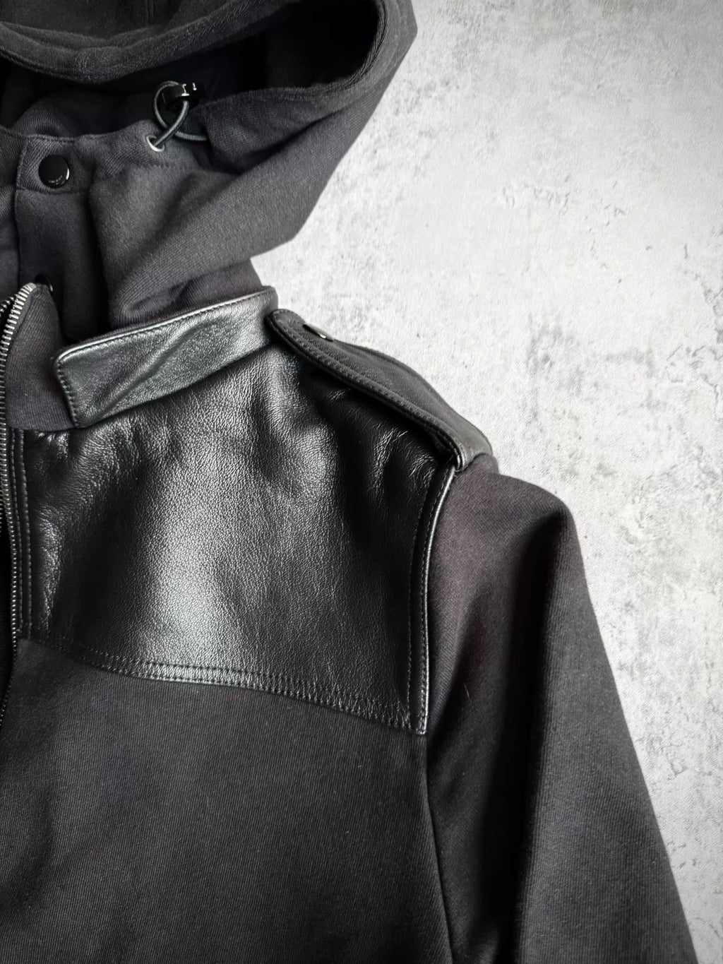 Saint Laurent Paris AW19 Black Military Leather Panel Zip-Up Hooded Sweater