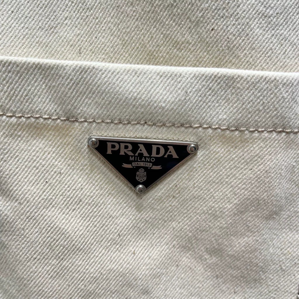 Prada Beige Metal Triangle Logo Snap-Button Combed Cotton Denim Jacket