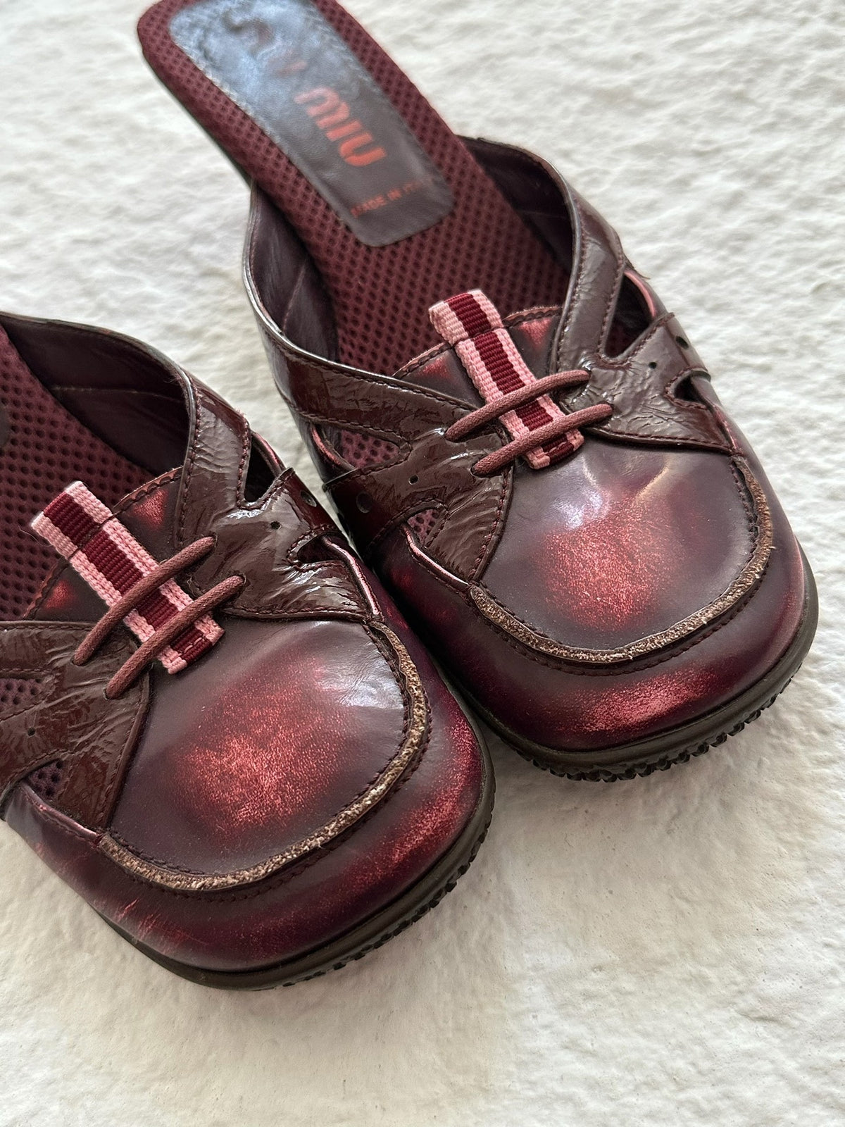 Miu Miu 00SS Wine Red Patent Leather Distressed Mule Slippers