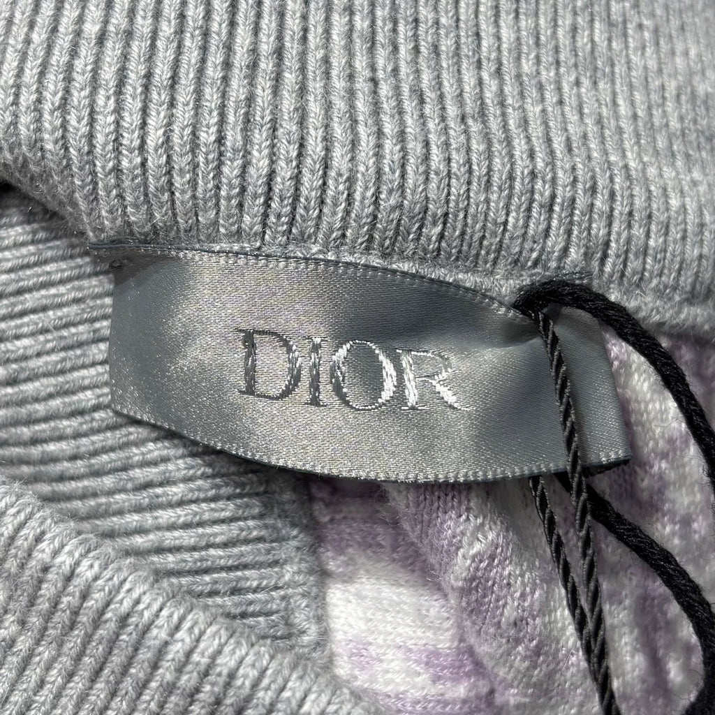 Dior Grey All-Over Print Lining Embroidered Logo Elastic Hem Zip-Up Cotton Cashmere Trousers