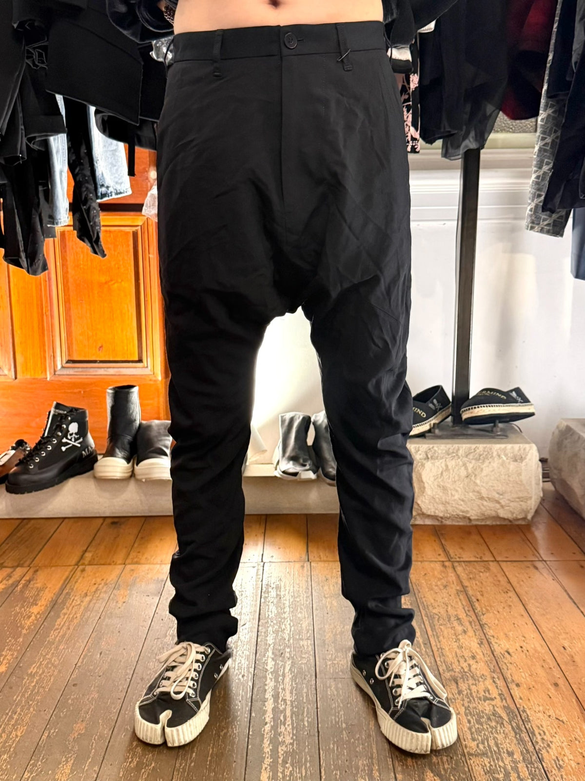 Julius FW16 Pre Black Drop-Crotch Wool Viscose Trousers