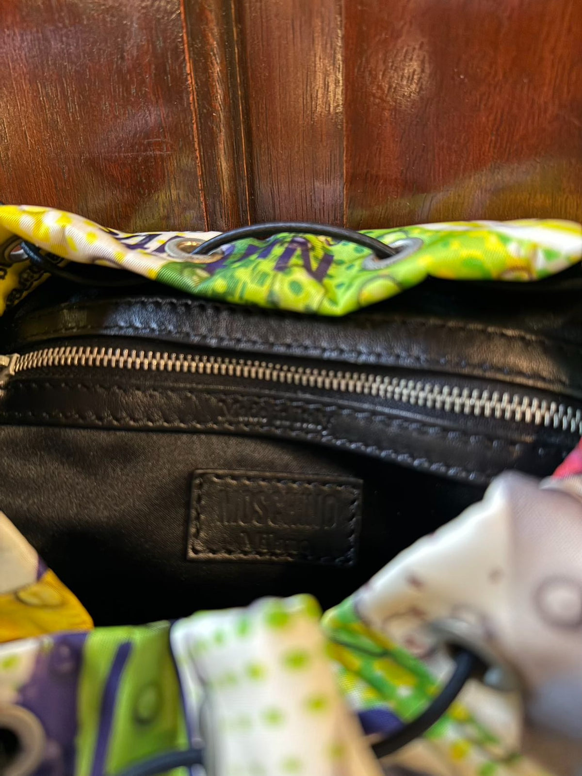 Moschino SS15 Soda Brand Print Black Leather Backpack