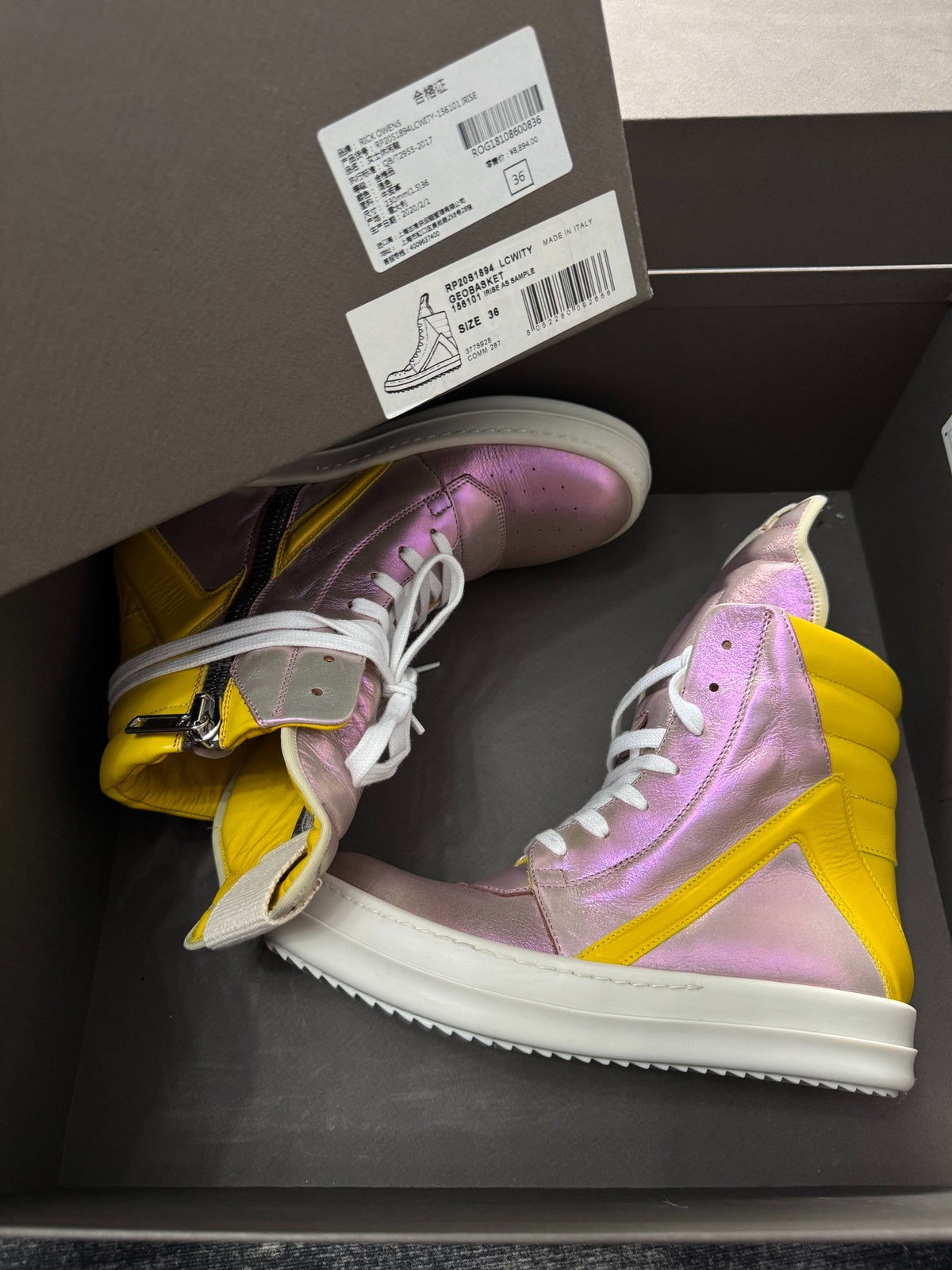 Rick Owens Pink Panel Inverted-Triangle Yellow Sneakers