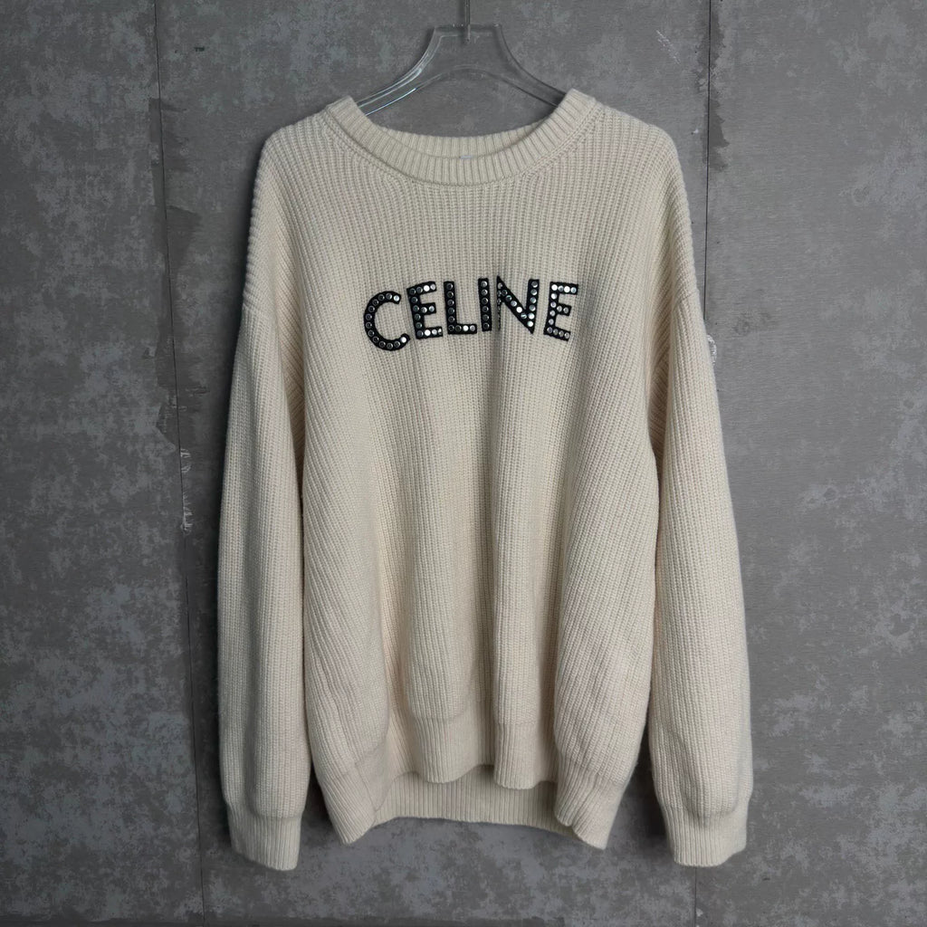 Celine Wool Off Studded Logo Fuzzy Sweater