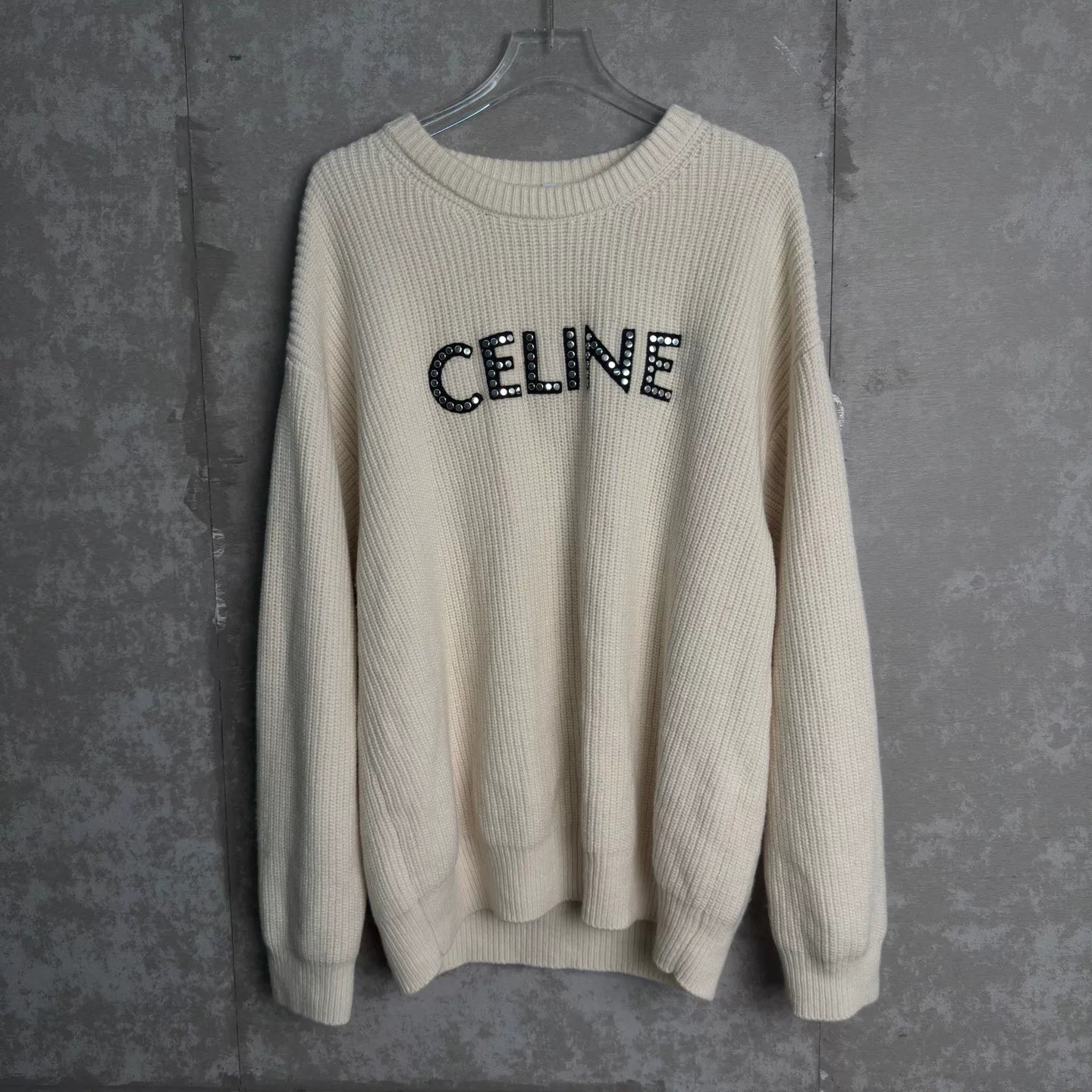 Celine Wool Off Studded Logo Fuzzy Sweater