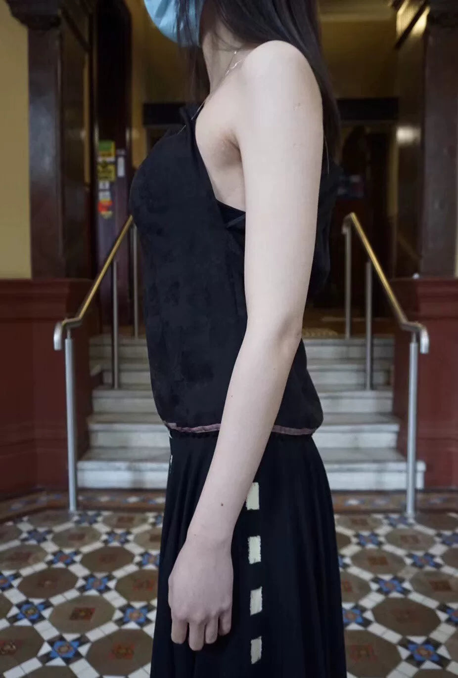 M.a+ SS20 Black Silver Shoulder Lace Pleated Cupro Top