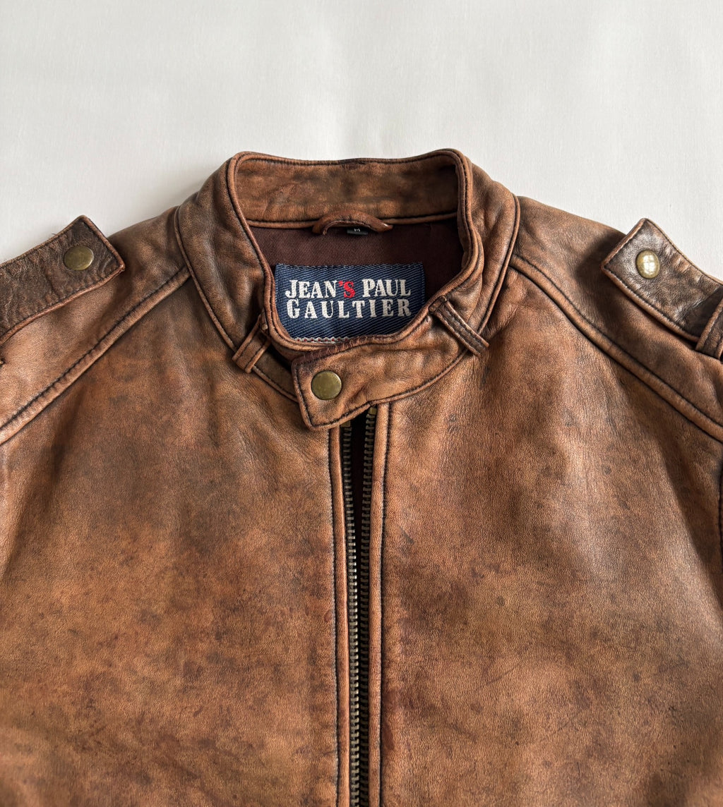jean paul gaultier leather jacket high tige vintage distressed mottled motorcycle leather jacket