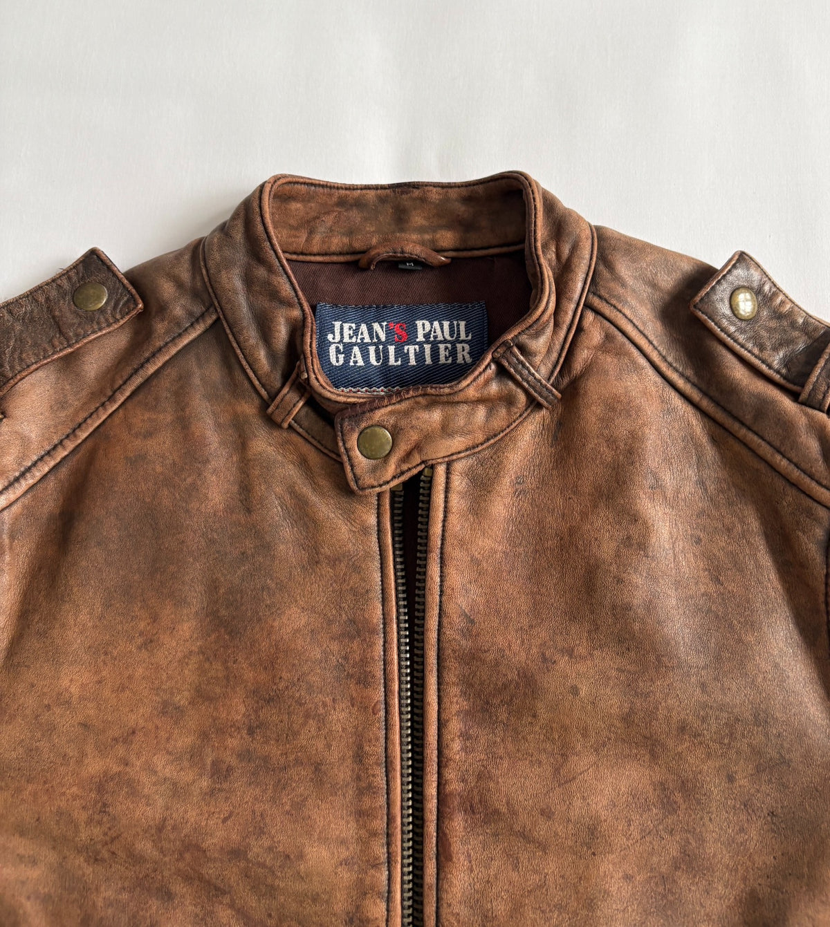 jean paul gaultier leather jacket high tige vintage distressed mottled motorcycle leather jacket