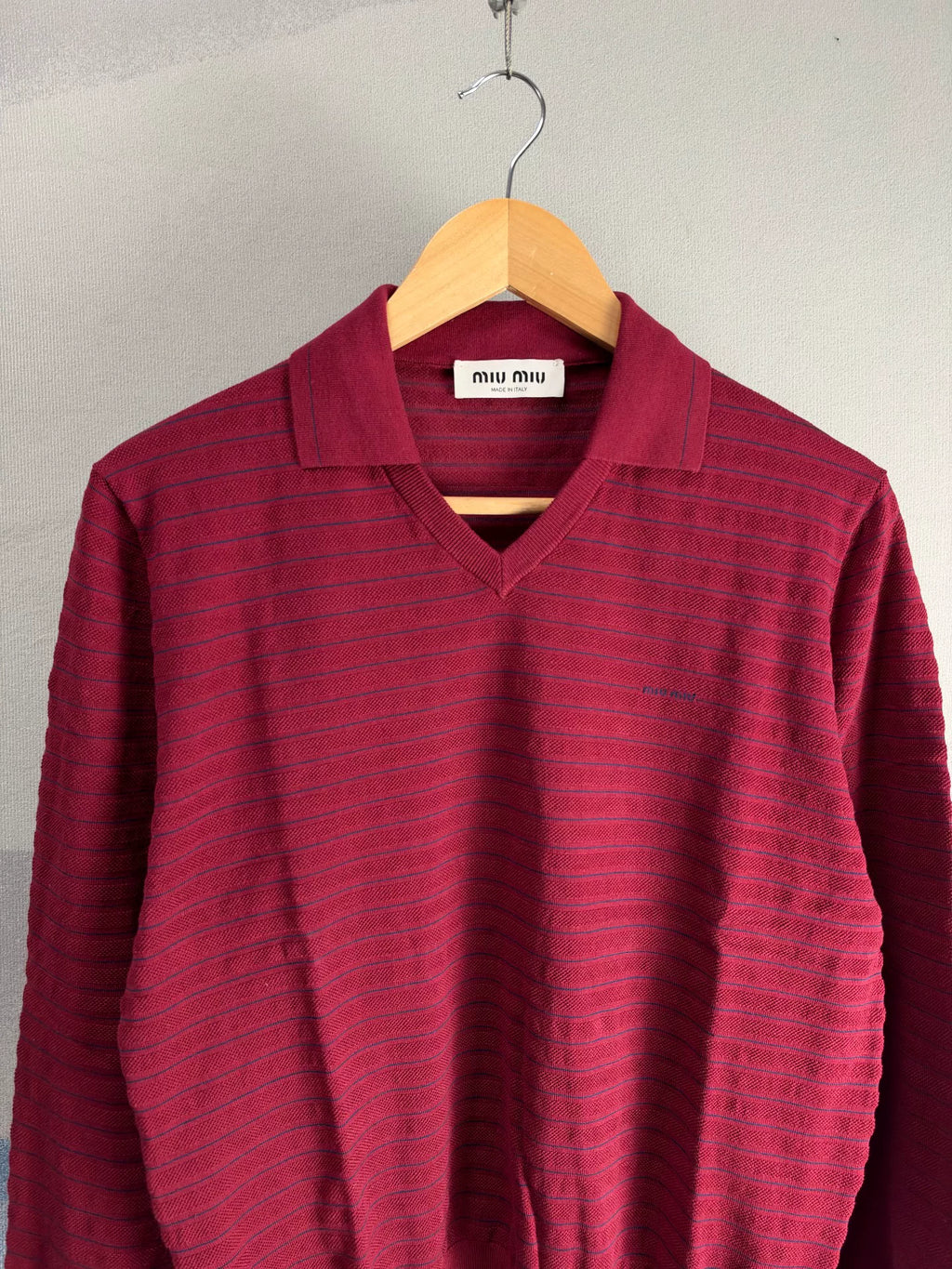 Miu Miu SS26 Red Letter Collared Striped Knit Sweater