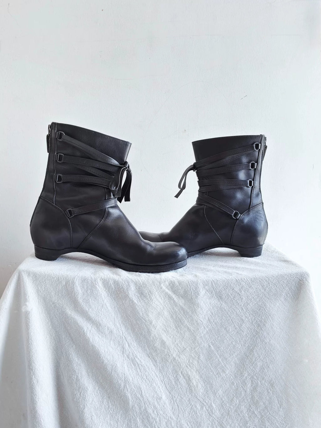 90s Yohji Yamamoto Strap Boots Y's Wrap-Strap Knight Mid-Calf Leather Boots