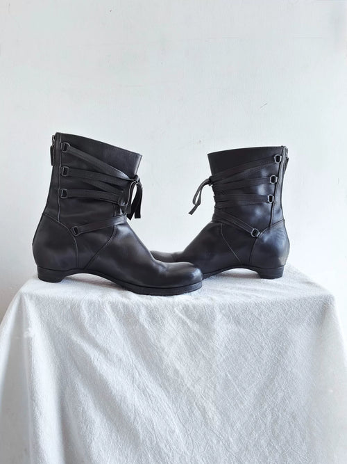 90s Yohji Yamamoto Strap Boots Y's Wrap-Strap Knight Mid-Calf Leather Boots