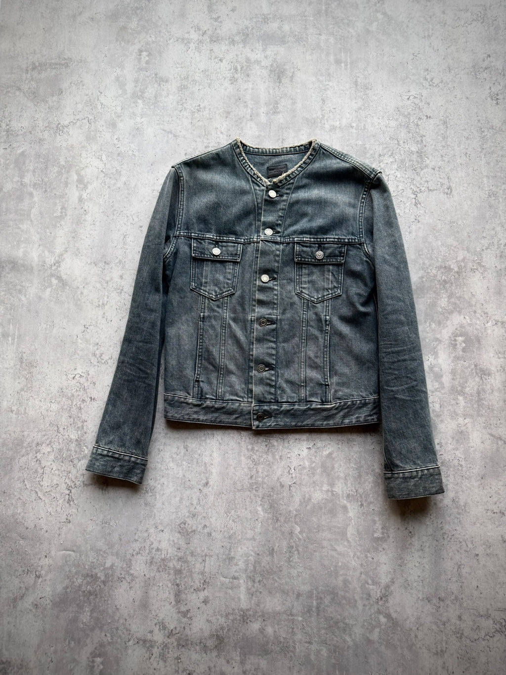 Saint Laurent 13SS Blue-Grey Raw Edge Distressed Denim Jacket by Hedi Slimane