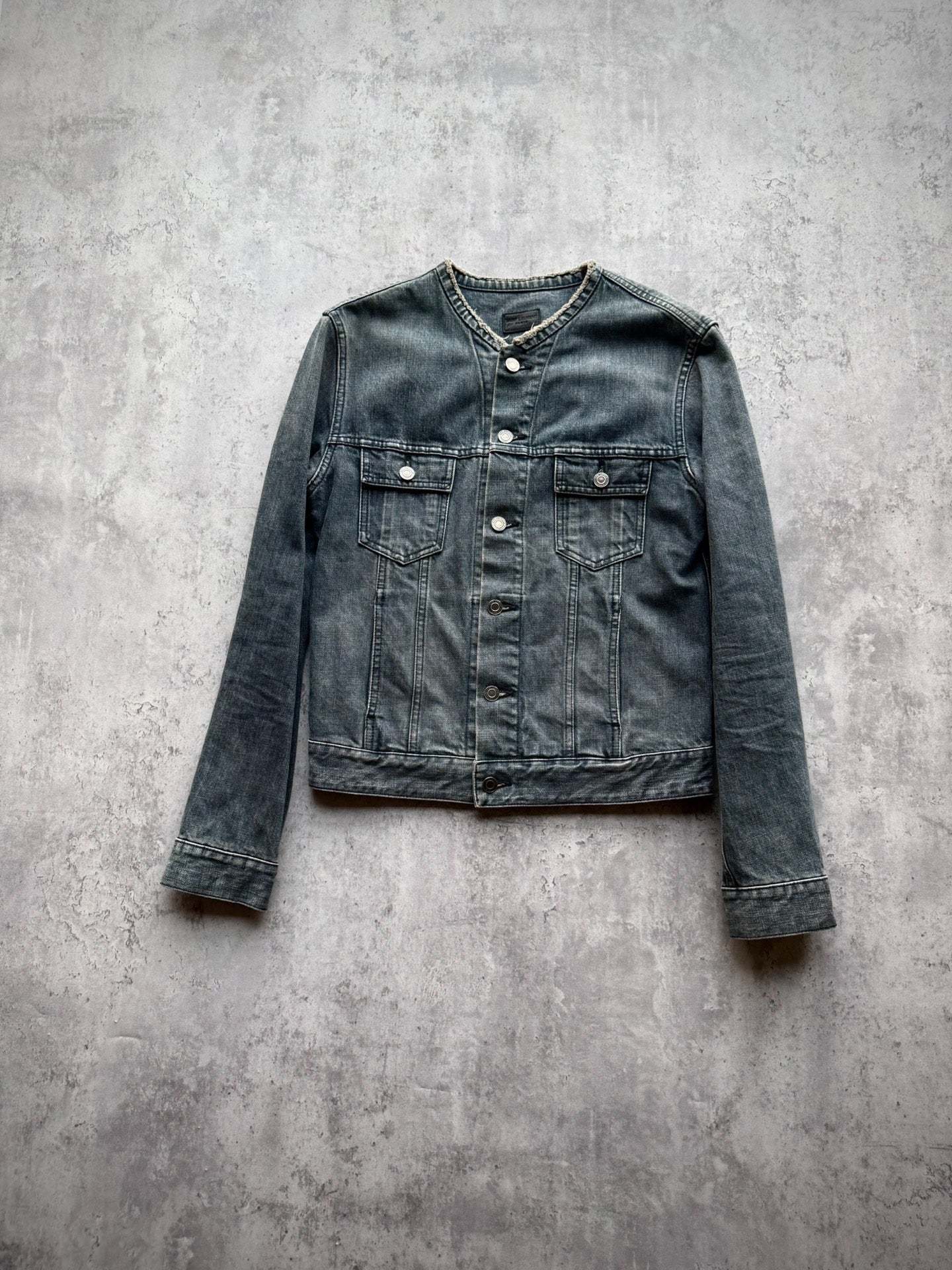 Saint Laurent 13SS Blue-Grey Raw Edge Distressed Denim Jacket by Hedi Slimane