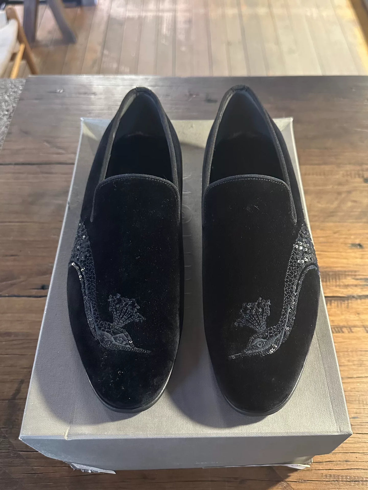 Alexander McQueen FW17 Black Sequin Peacock Embroidered Velvet Loafers