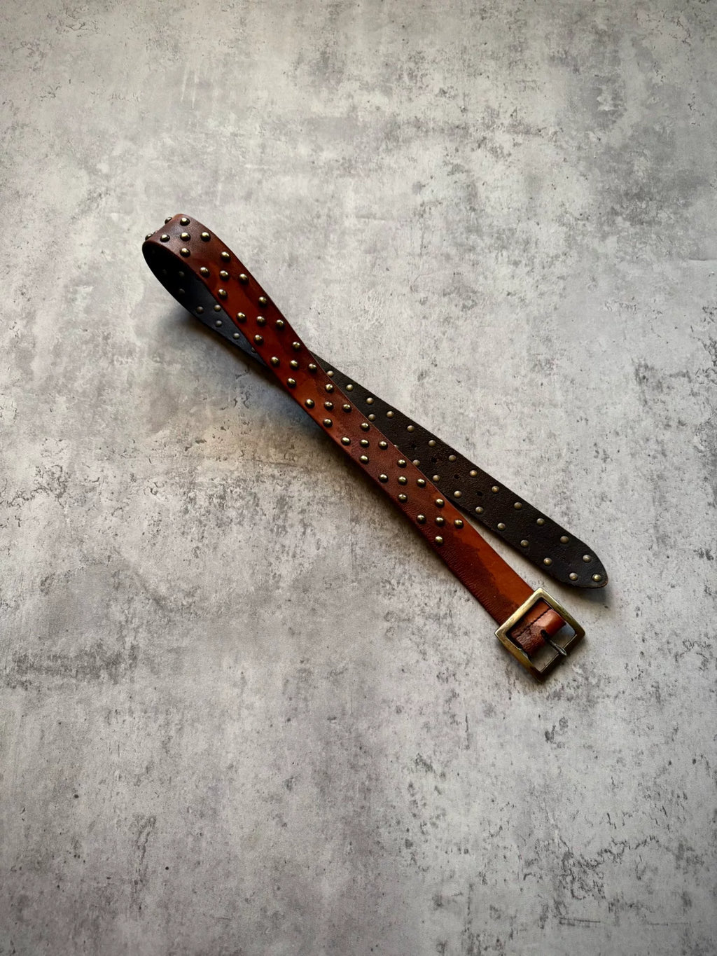 Saint Laurent 15AW Red-Brown Cracked Leather Studded Distressed Belt by Hedi Slimane