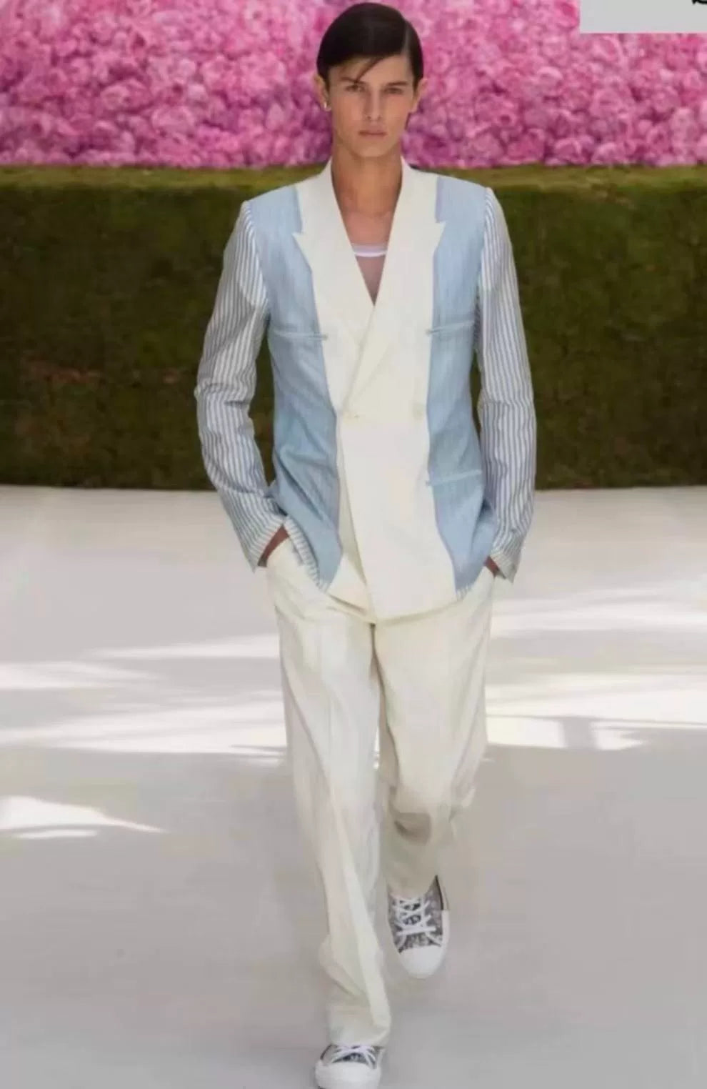 Dior Men 19SS Runway Peak Lapel Striped Color-Block Silk Wool Suit