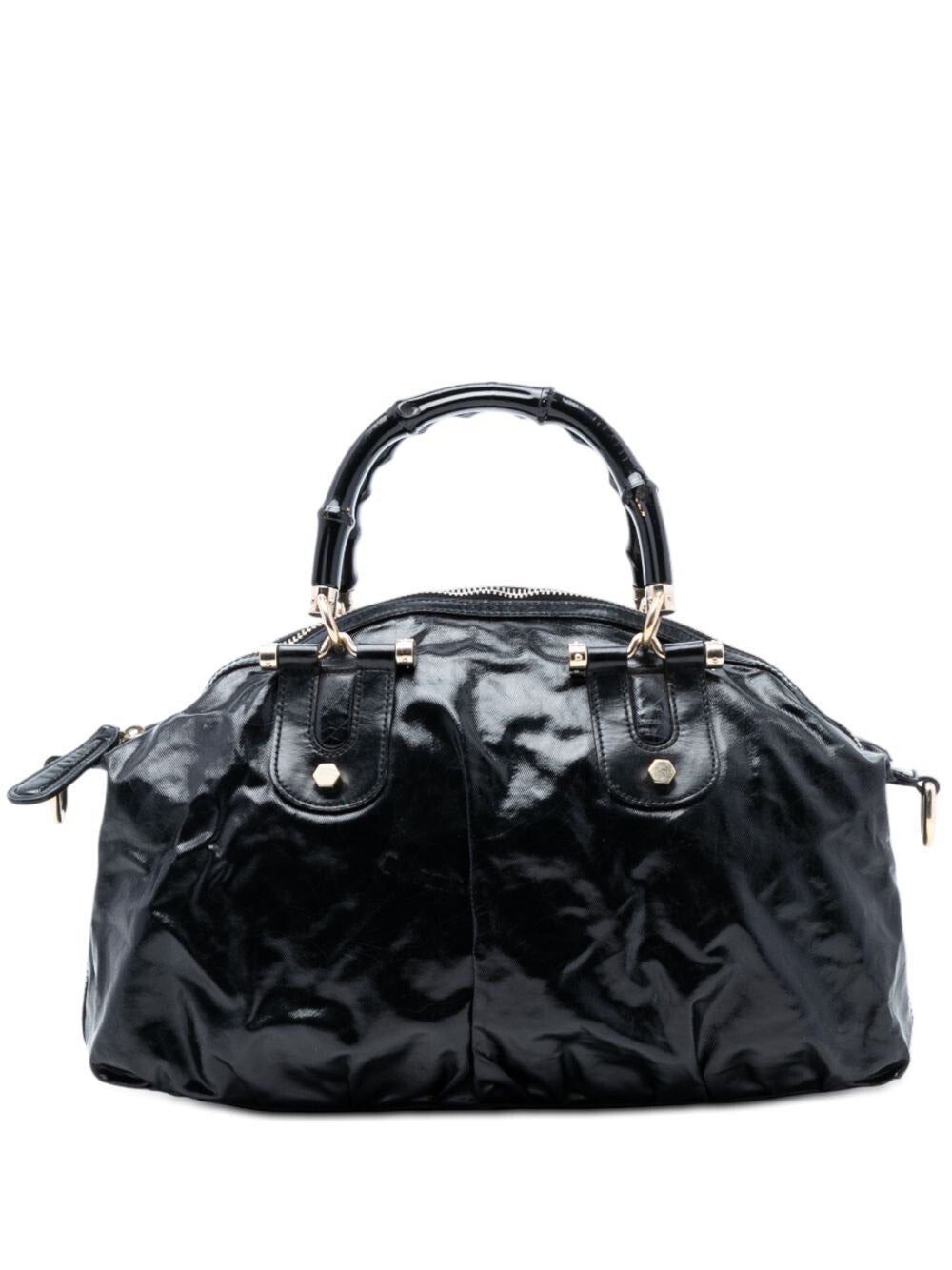 Gucci black cowhide leather bamboo handle glossy handbag