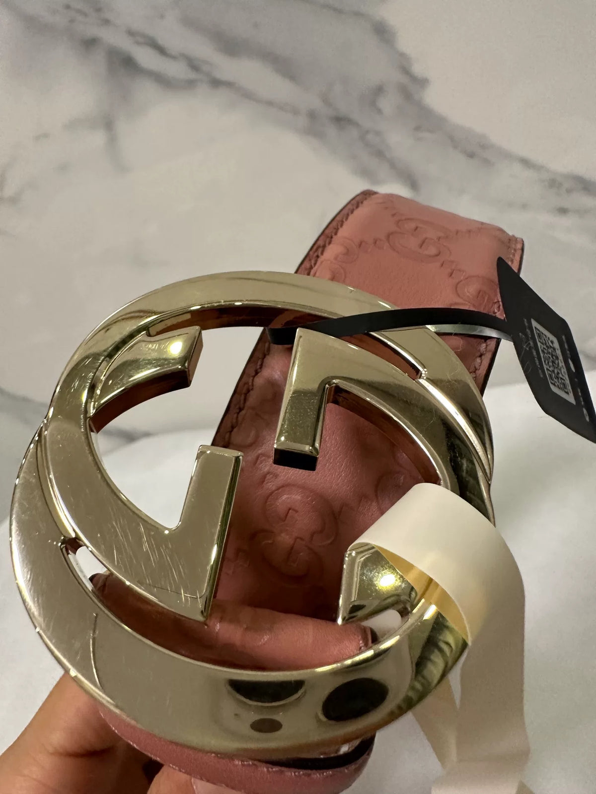 Gucci Pink Double G Embossed Leather Belt