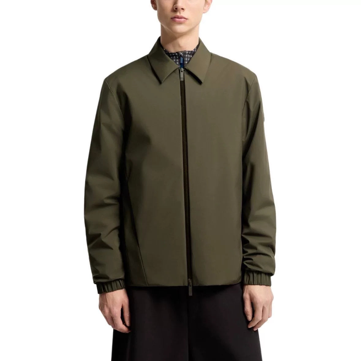 Moncler Olive Arm Logo Zip-Up Polyester Down Jacket