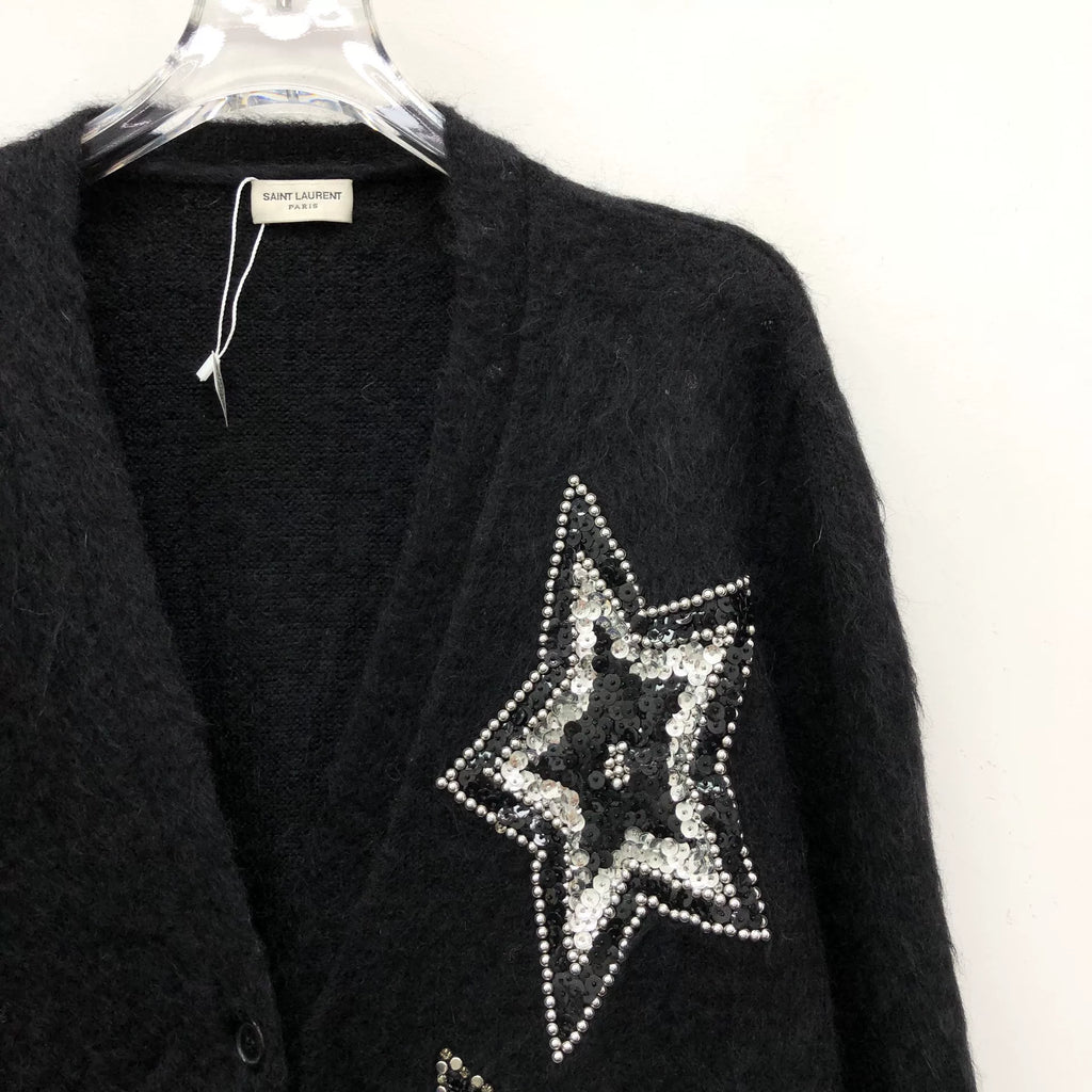 Saint Laurent Yves Black Five-Point Star Sequin Beaded Mohair V-Neck Single-Breasted Cardigan Jacket