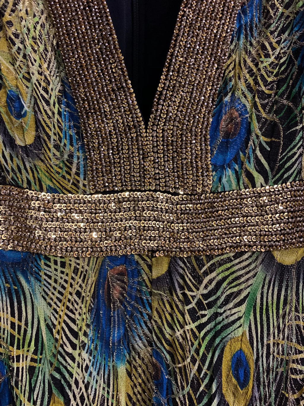 Saint Laurent SS15 Peacock Gold Thread Sequin Bead Viscose Silk Dress