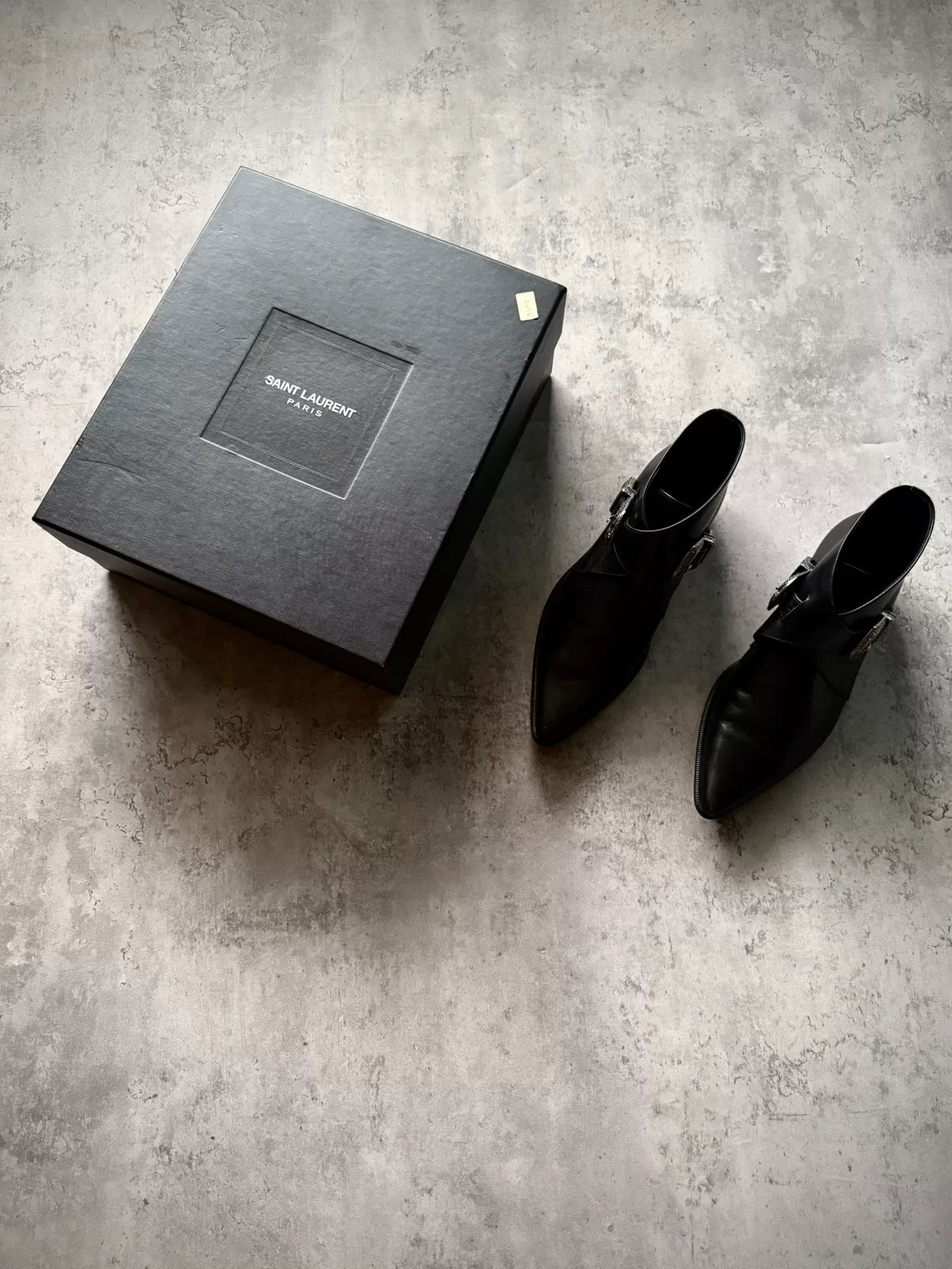 Saint Laurent Paris 14SS Black Leather Double Buckle Western Ankle Boots by Hedi Slimane