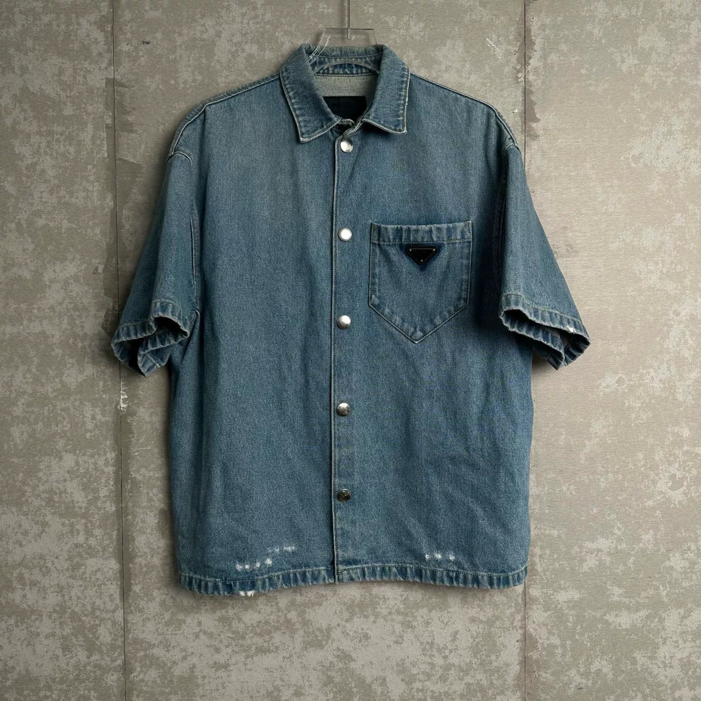 Prada Triangle Logo Denim Short-Sleeve Shirt
