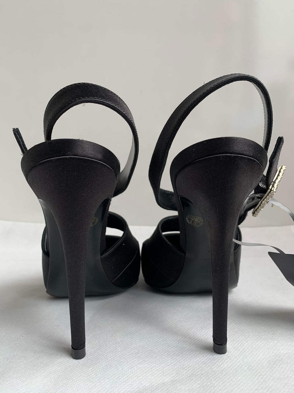 Saint Laurent Black Crystal Buckle Satin Heels