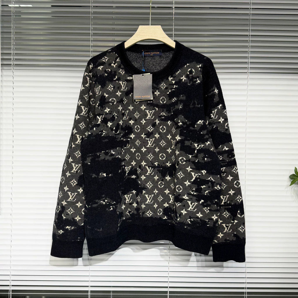 Louis Vuitton Knit Distressed Wool Monogram All-Over Logo Print Navy Sweater