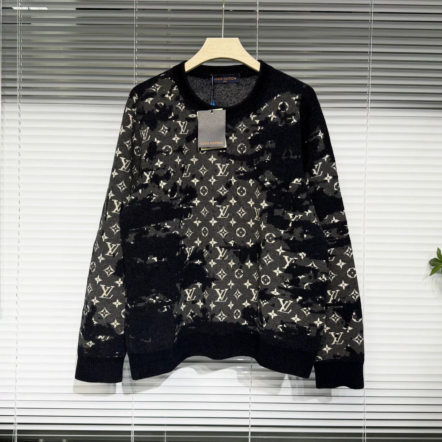 Louis Vuitton Knit Distressed Wool Monogram All-Over Logo Print Navy Sweater