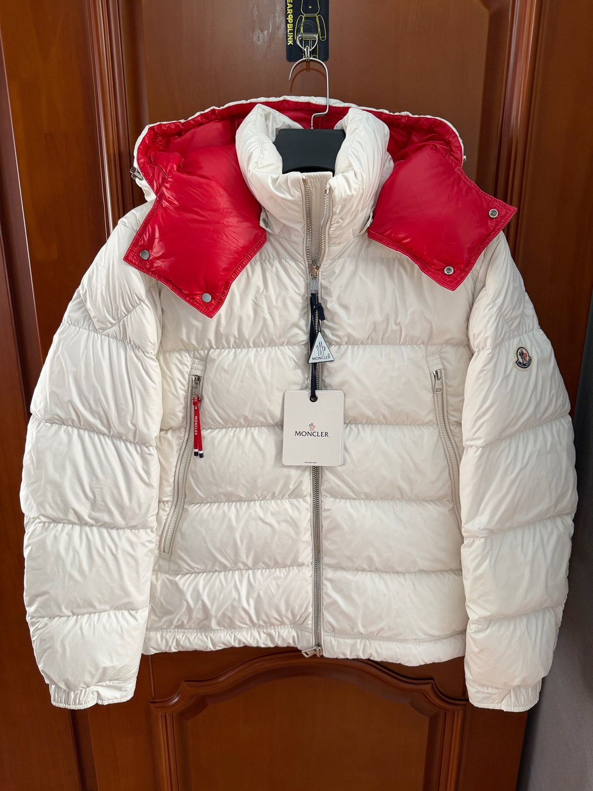 Moncler White Red Glossy Hooded Down Jacket