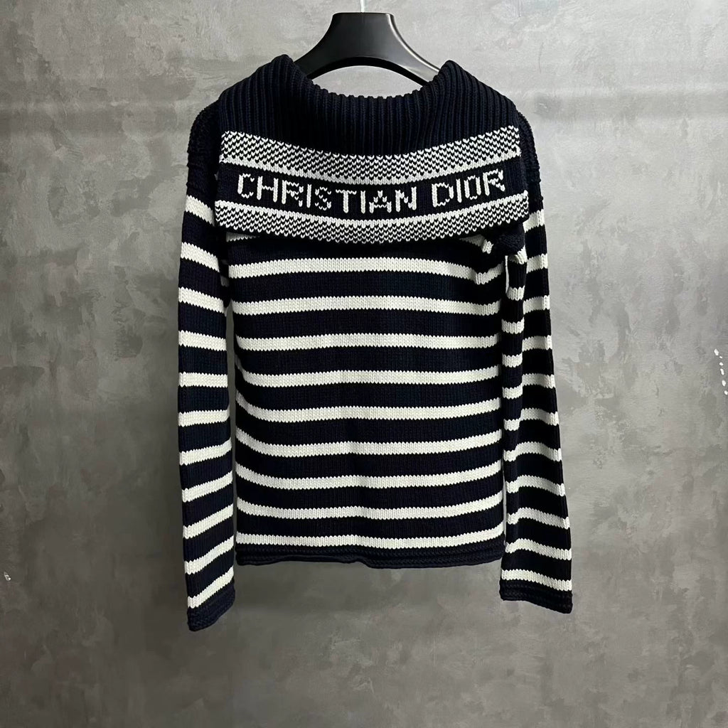Dior Navy Blue Striped Tie Detail Knit Sweater