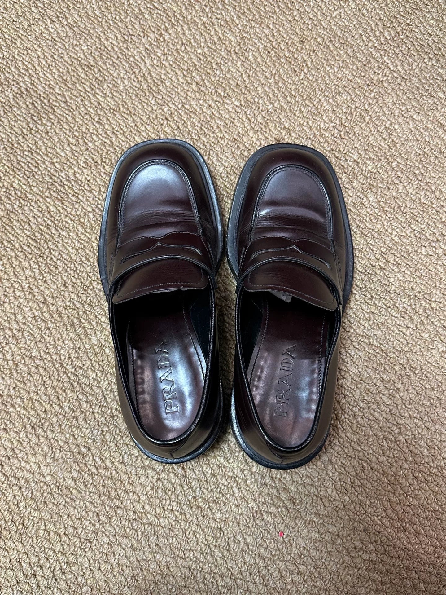 Prada Frankenstein Square-Toe Burgundy Loafers