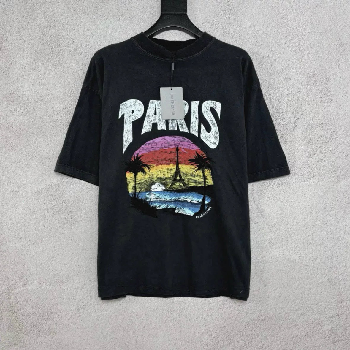 Balenciaga Island Palm Tree Graffiti Washed Logo Short Sleeve T-Shirt