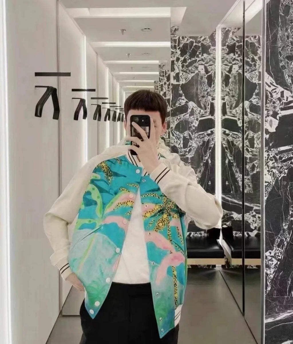 Celine SS21 Silk Coconut Tree Baseball Jacket by Hedi Slimane