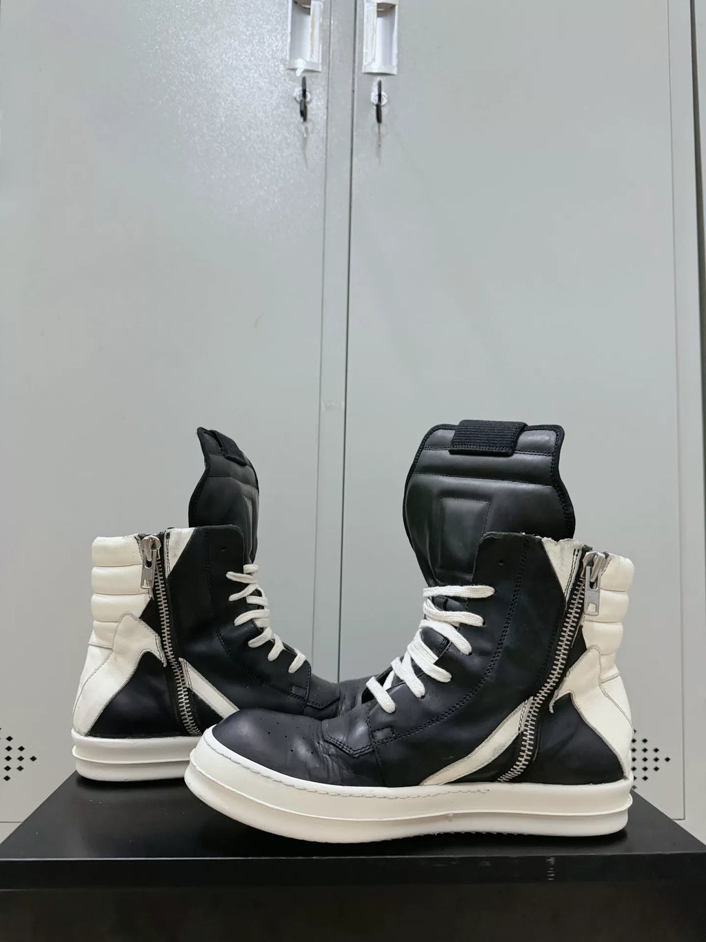 Rick Owens Black and White Inverted-Triangle Leather Sneakers