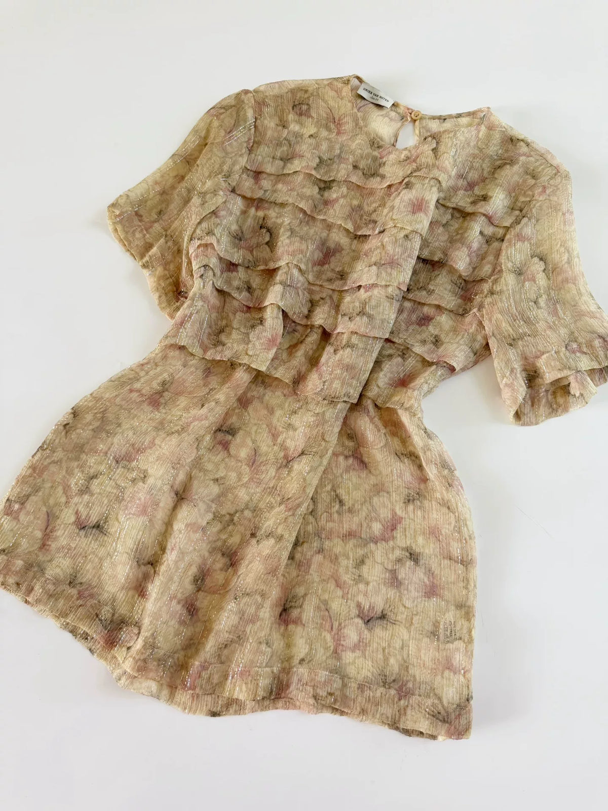 Dries van Noten Silver Watercolor Floral Distressed Silk Top