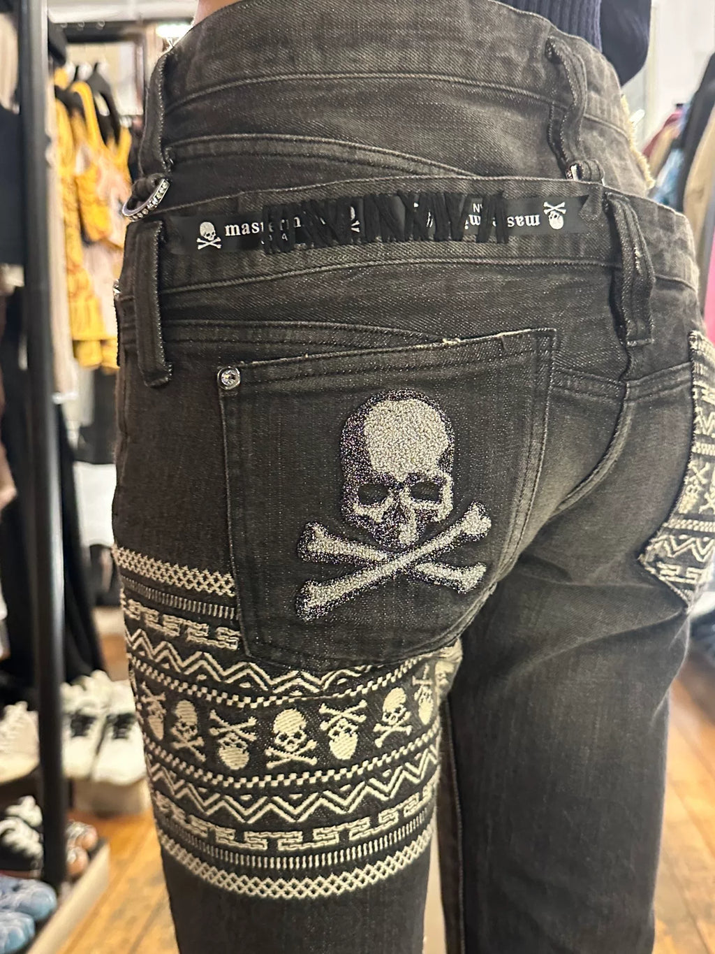 mastermind Japan FW12 Neworder SAMPLE Black Double Waist Skull Patch Denim Pants