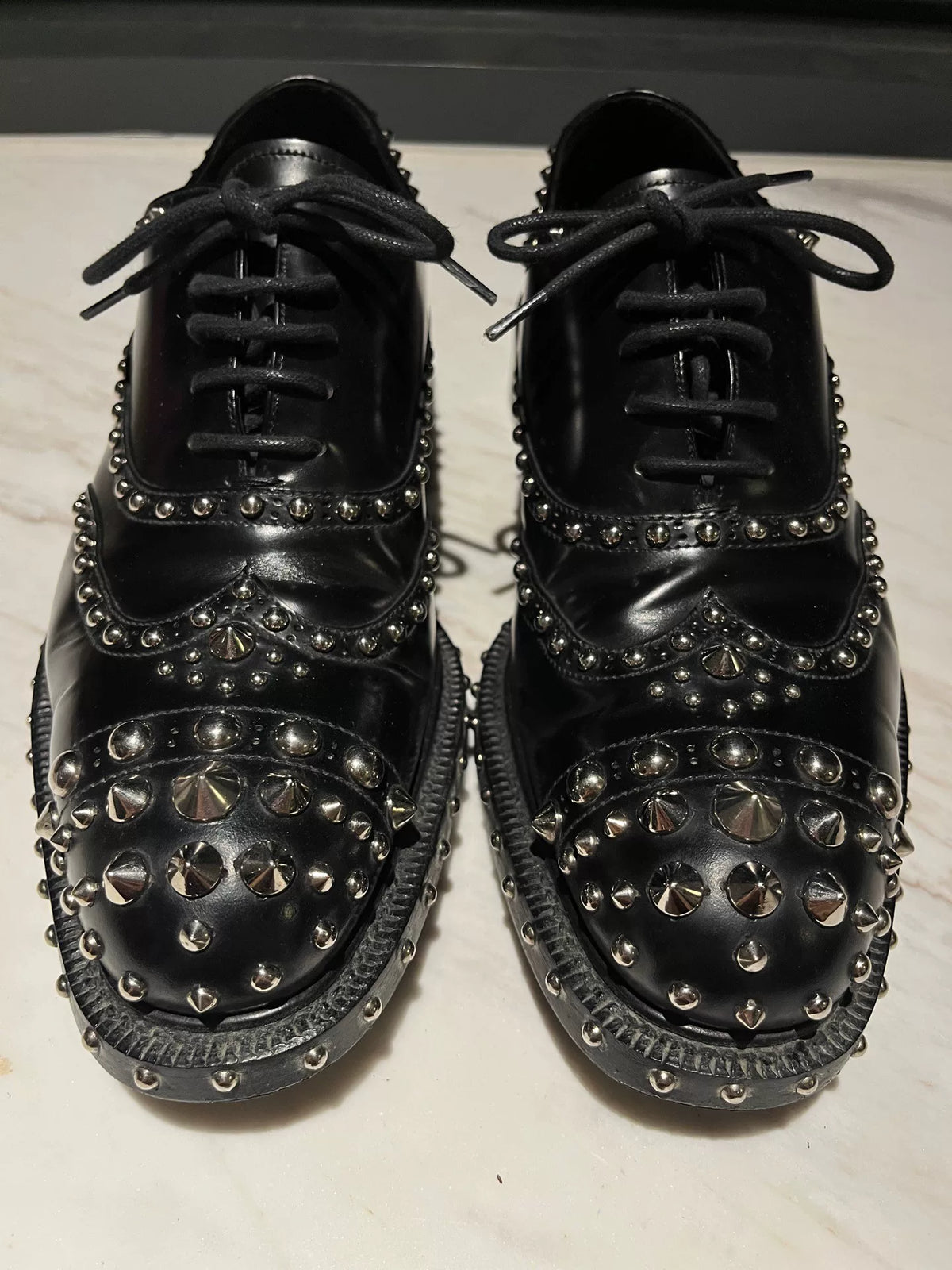 Prada Black Leather Metal Silver Stud Brogue Leather-Sole Lace-Ups