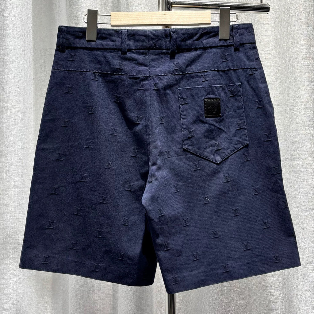 Louis Vuitton Casual All-Over Logo Print Embroidered Leather Patch Zip Straight-Leg Navy Shorts