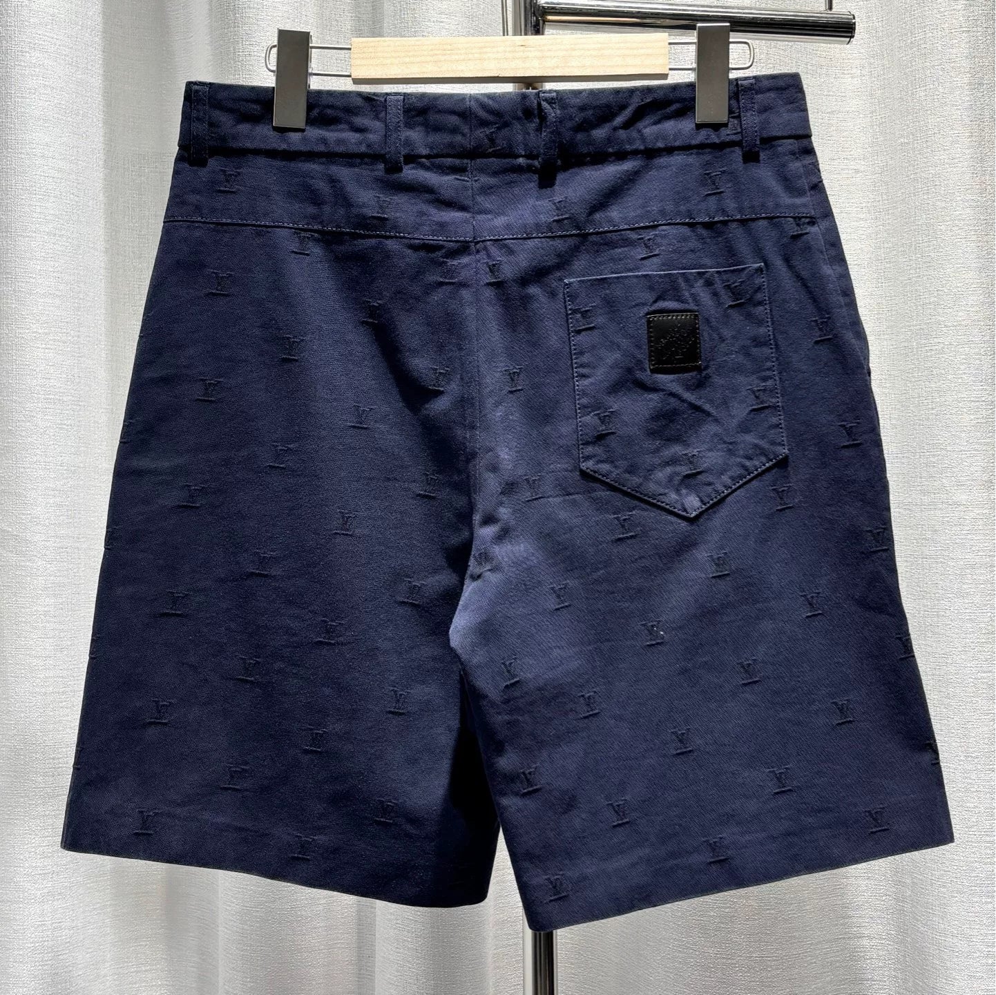 Louis Vuitton Casual All-Over Logo Print Embroidered Leather Patch Zip Straight-Leg Navy Shorts