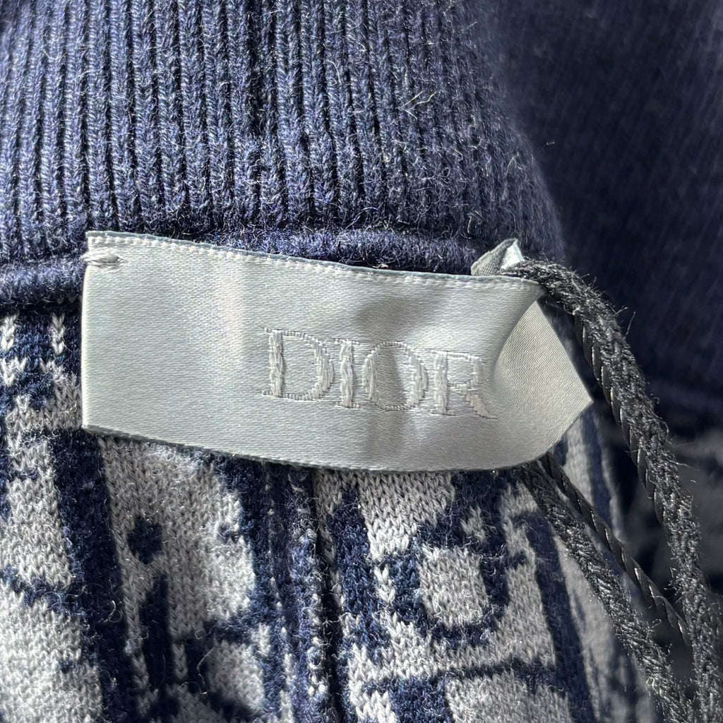 Dior Navy Blue All-Over Logo Print Embroidered Logo Elastic-Cuff Zip-Up Cotton Cashmere Trousers